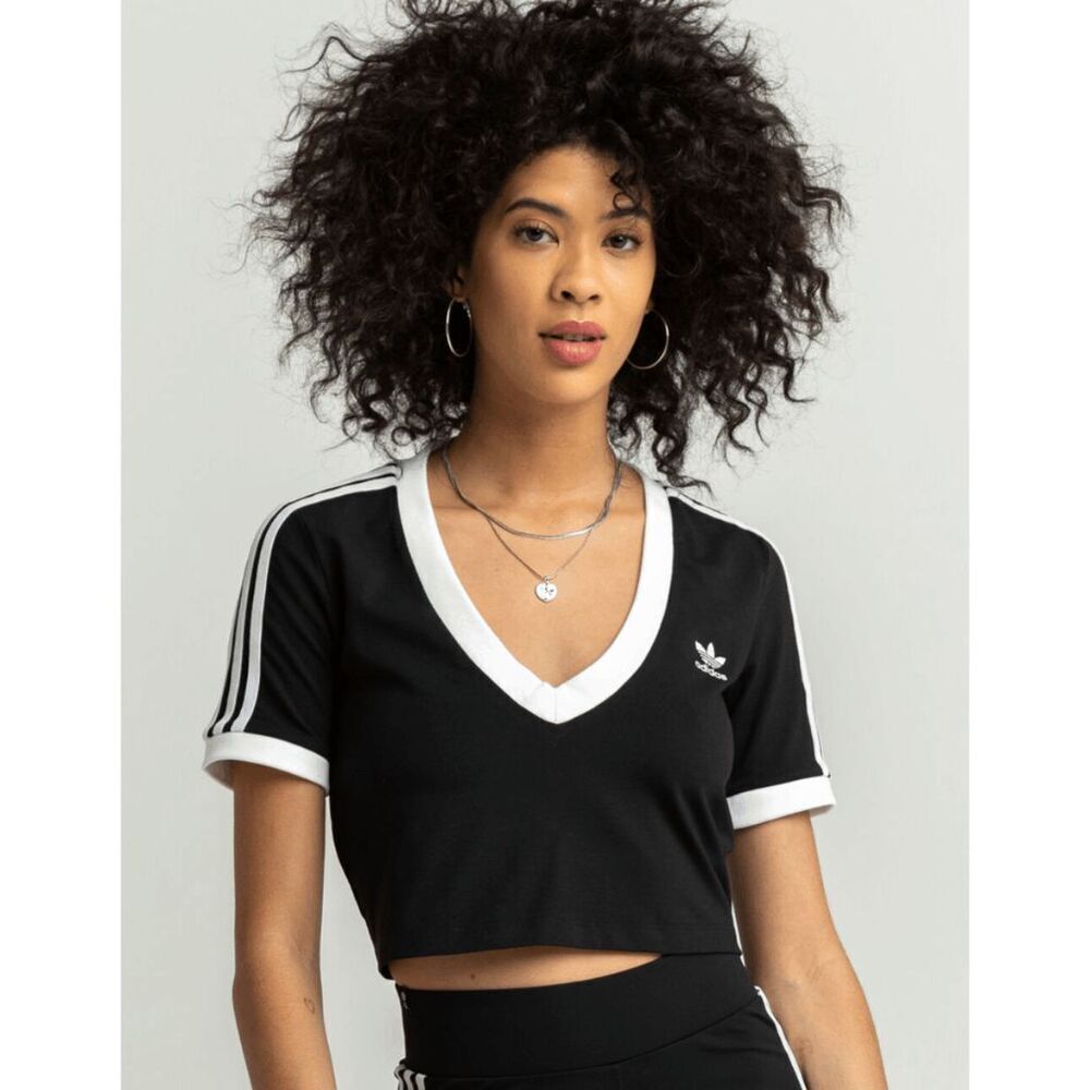 Brand New Adidas Originals 3 stripe V-Neck Cropped T-Shirt in Black Size 2XS - Picture 1 of 6